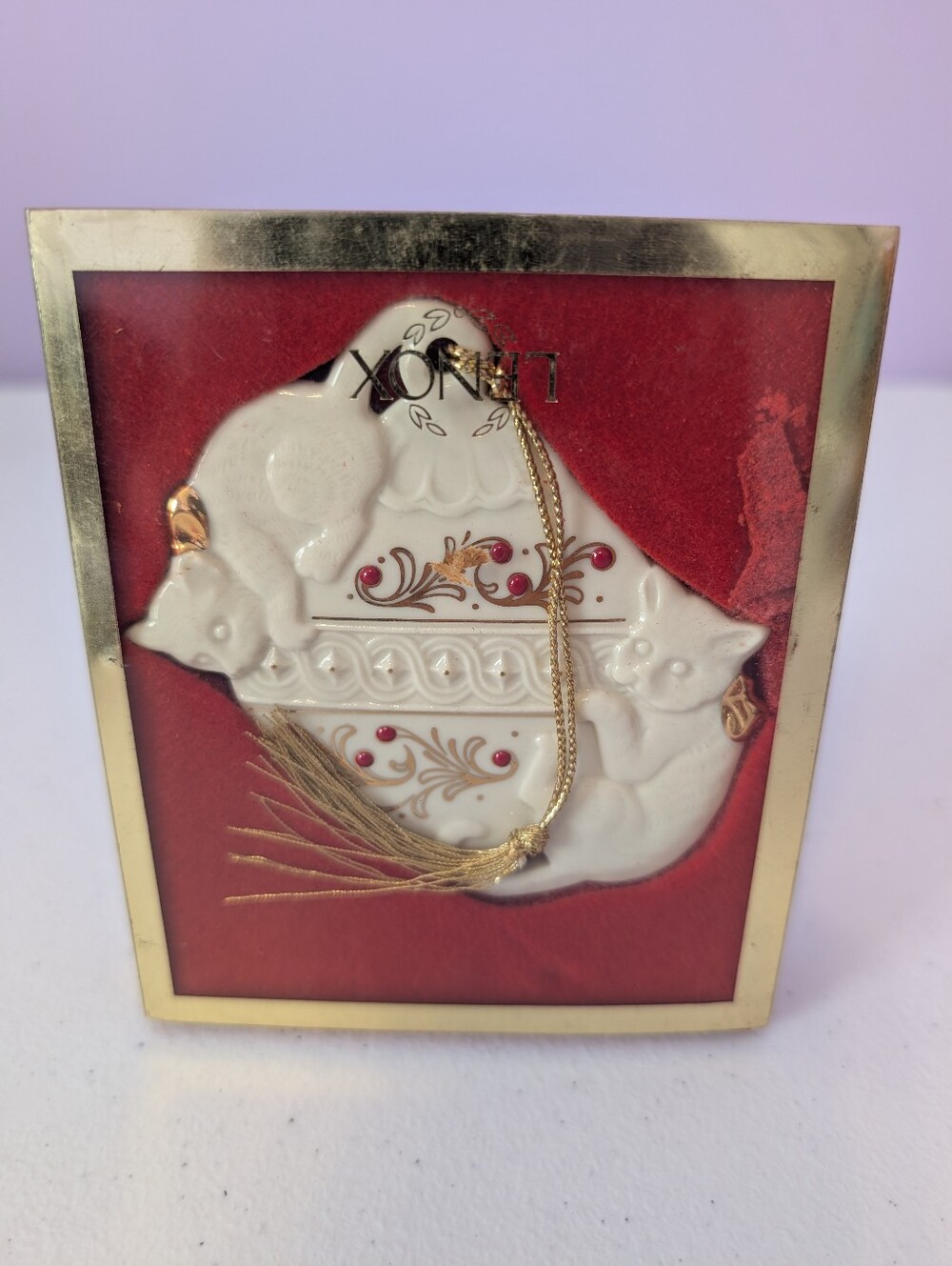 LENOX ~ “Mischief Kittens” ~ Ivory Porcelain ORNAMENT ~ Gold and Red Trim ~Boxed